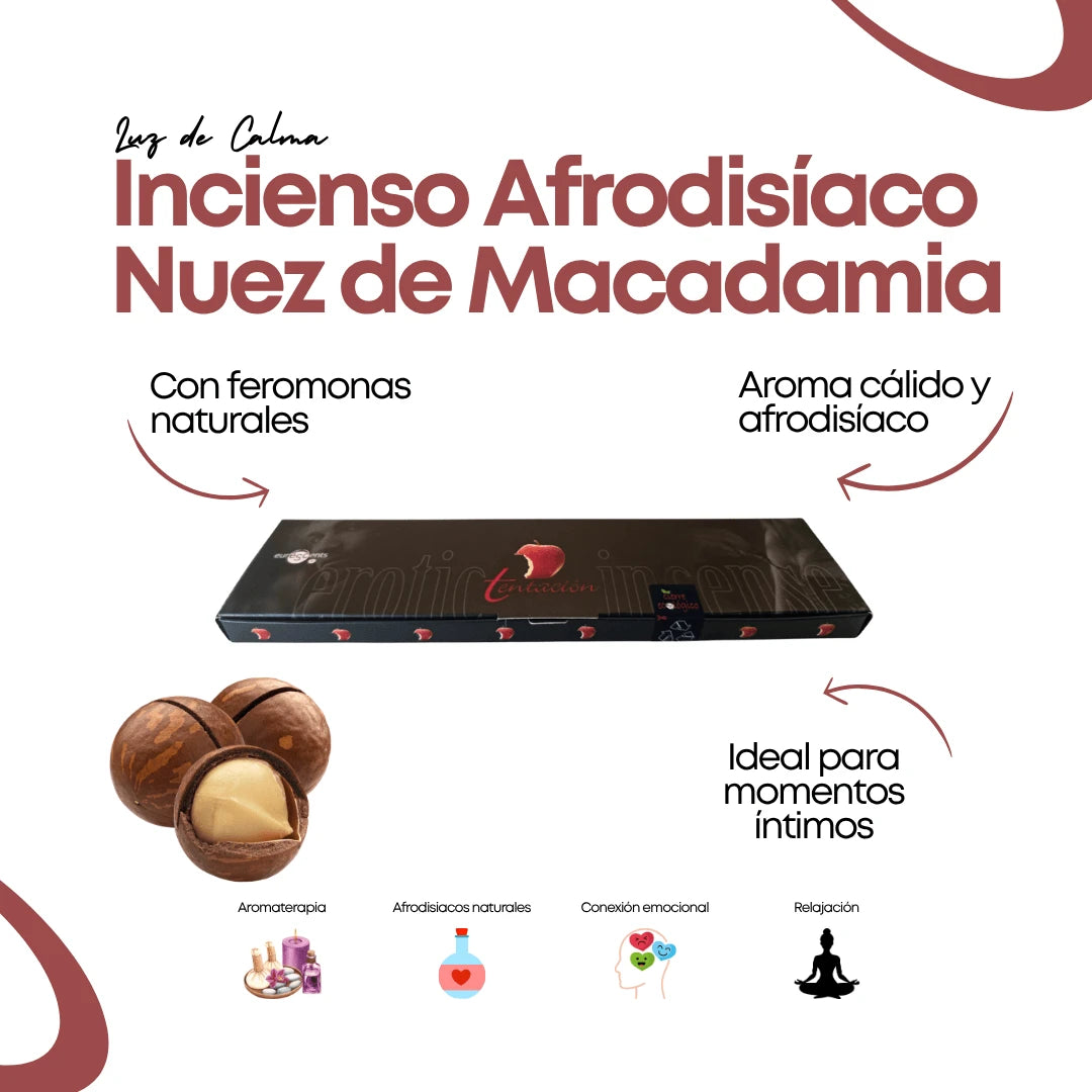Incienso afrodisíaco de nuez de macadamia con feromonas naturales. Ideal para crear un ambiente íntimo, romántico y relajante con aroma cálido y dulce.