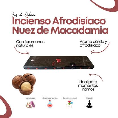 Incienso afrodisíaco de nuez de macadamia con feromonas naturales. Ideal para crear un ambiente íntimo, romántico y relajante con aroma cálido y dulce.