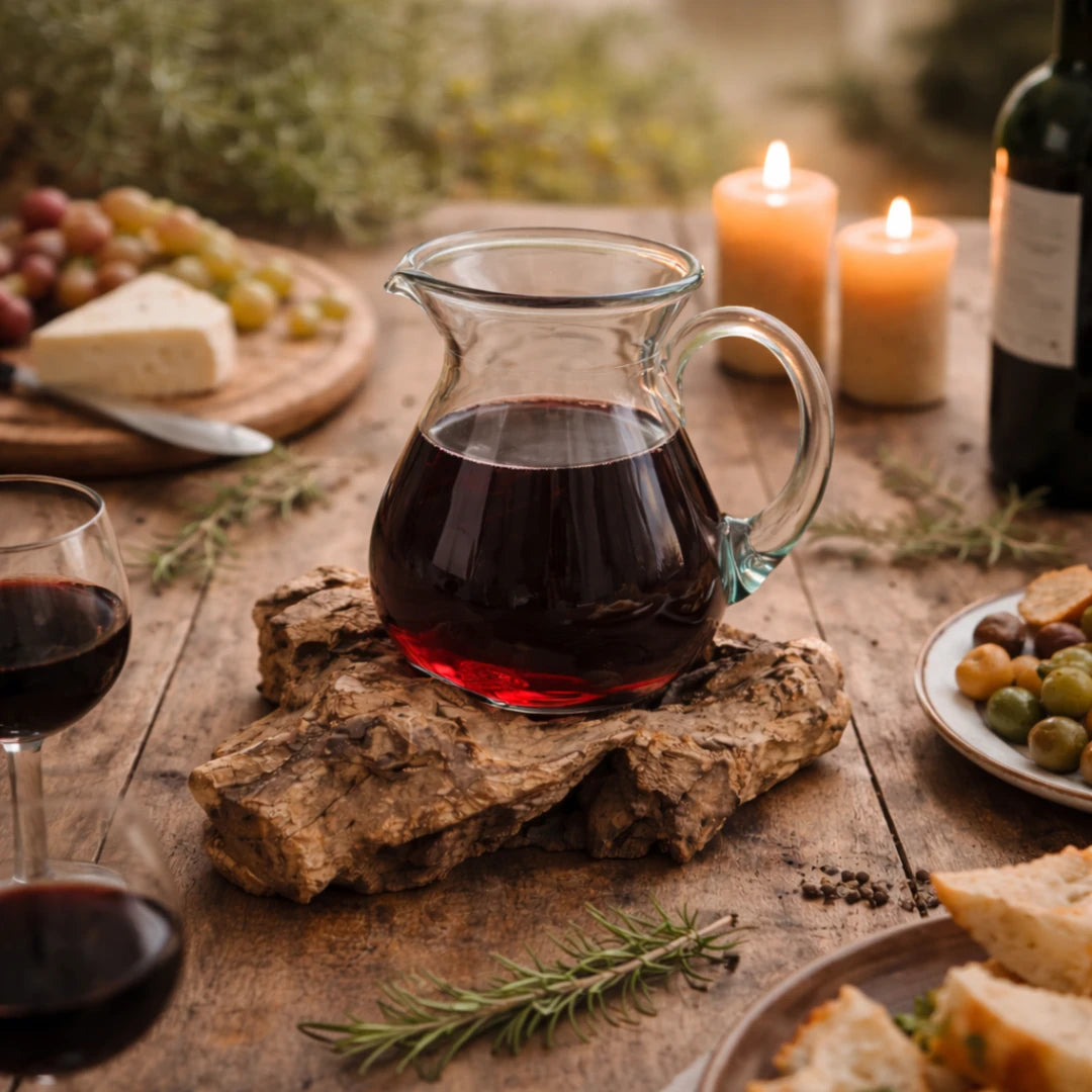 Jarra de vidrio sobre base de madera natural en mesa rústica con vino y velas