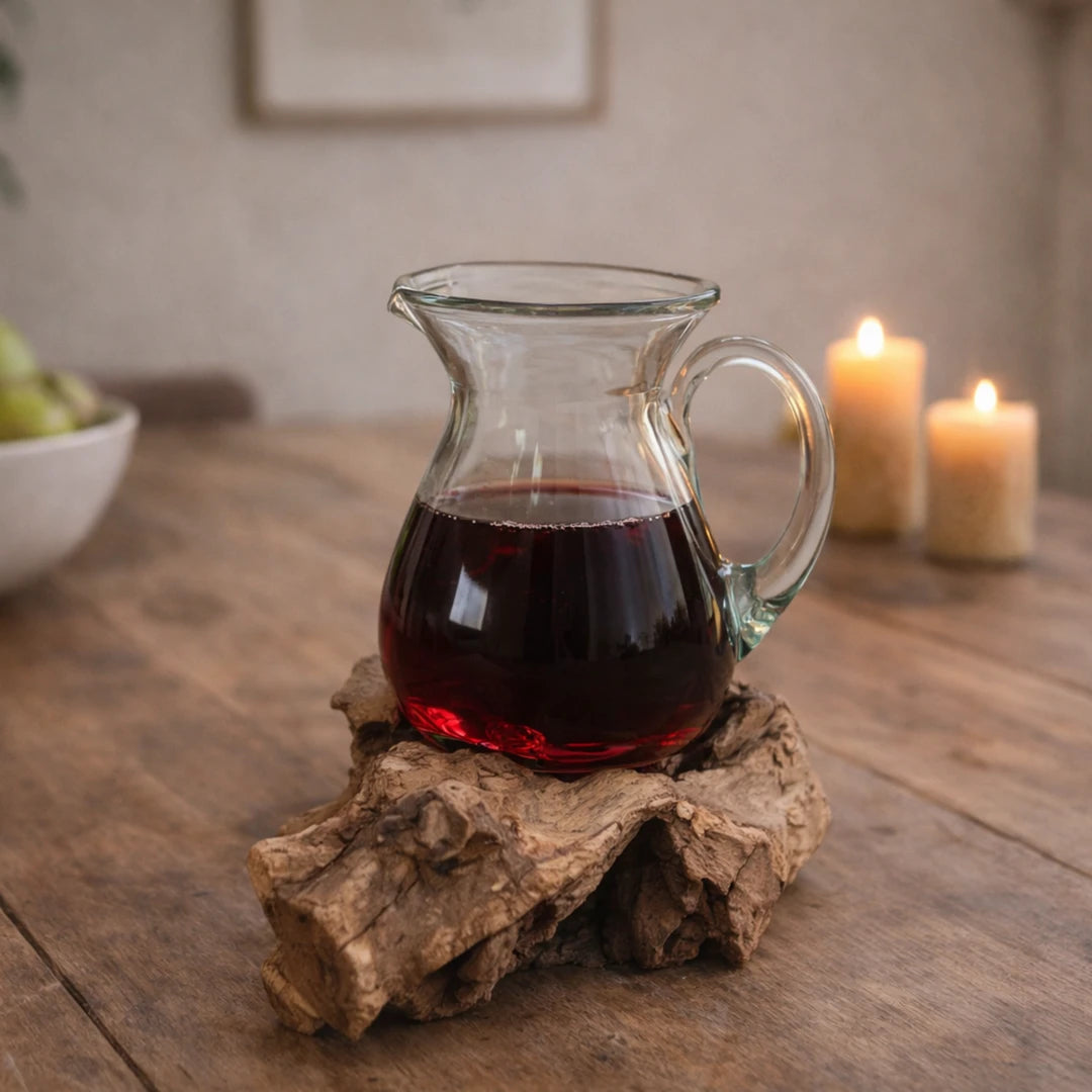 Jarra de vidrio sobre base de madera natural de la colección Naturaleza Fundida con bebida roja en ambiente cálido