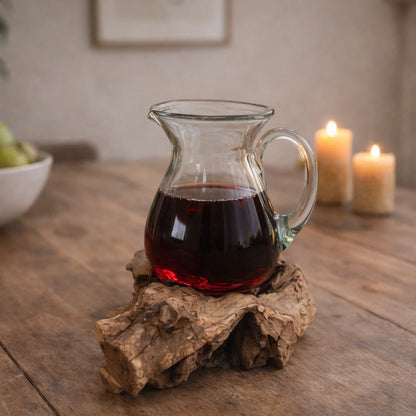 Jarra de vidrio sobre base de madera natural de la colección Naturaleza Fundida con bebida roja en ambiente cálido
