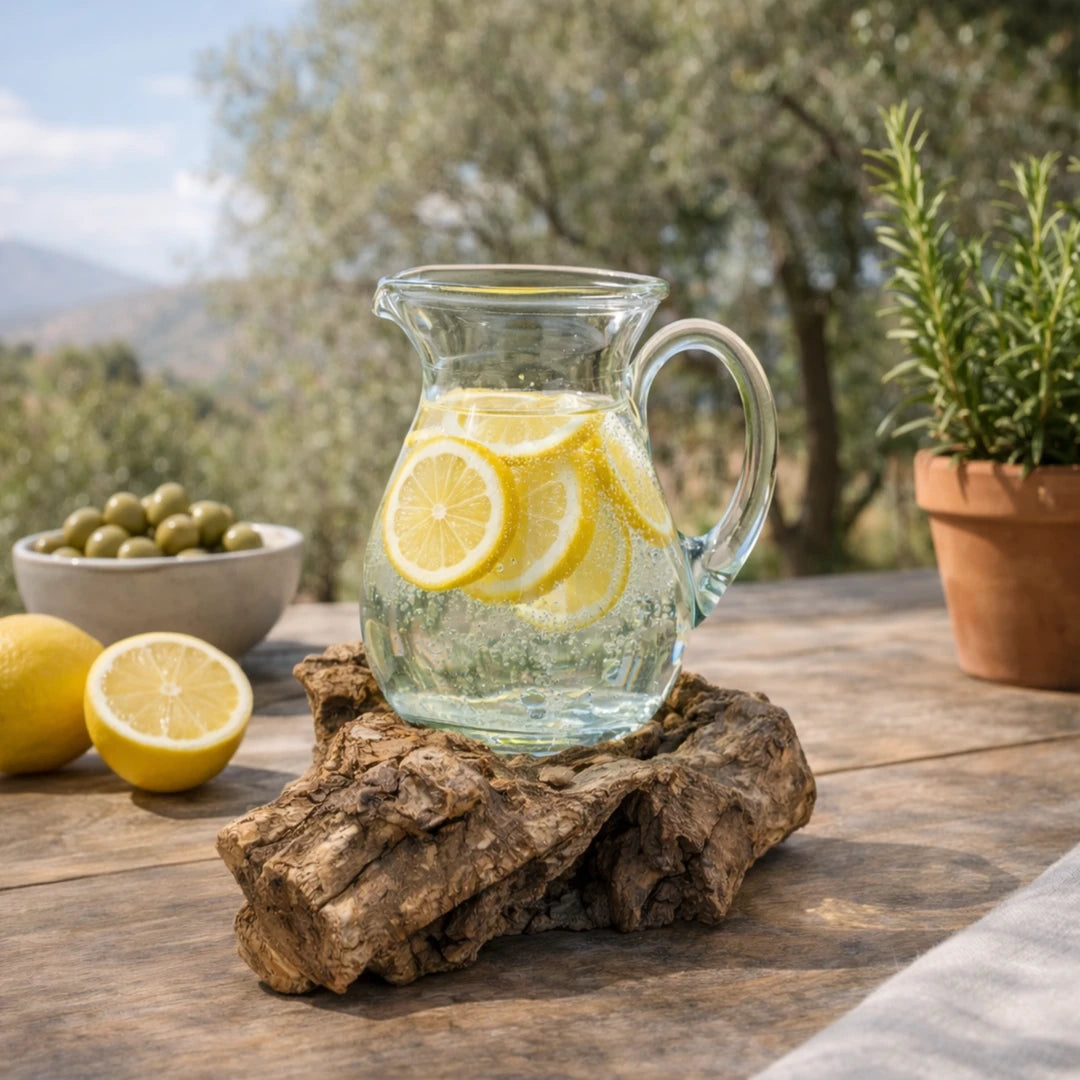 Jarra de vidrio artesanal sobre madera natural con agua y limón en mesa exterior