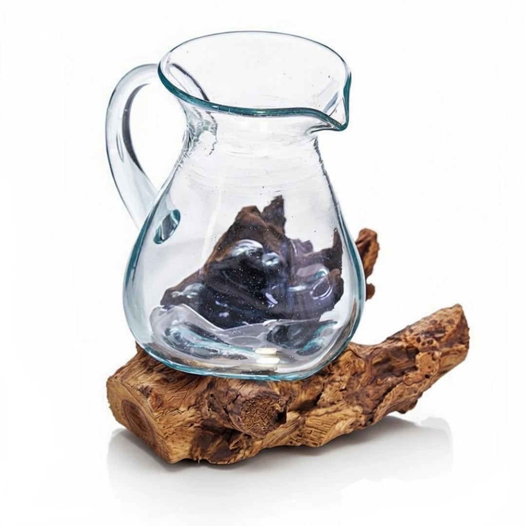 Jarra decorativa de vidrio fundido sobre madera natural diseño artesanal
