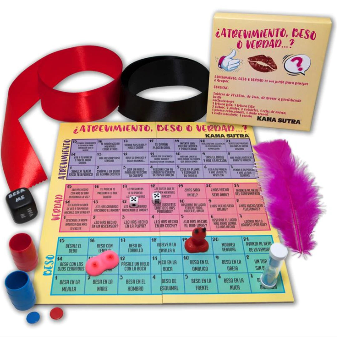 Juego Atrevimiento Beso o Verdad incluido en el Pack Deseo Consciente, con tablero y accesorios para parejas