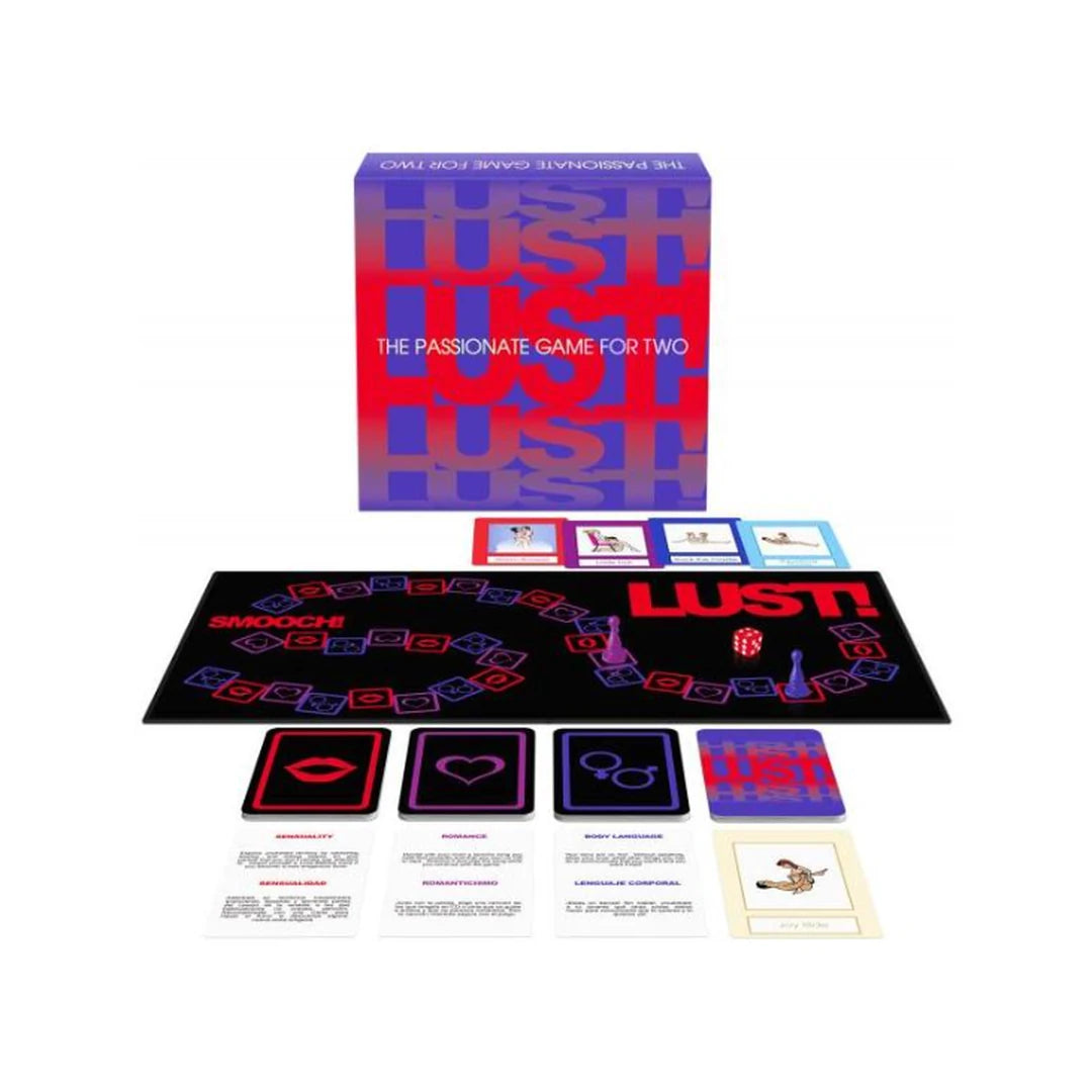 Juego de pareja Just Lust abierto con tablero, cartas y accesorios, incluido en el pack Ritual Sensorial para experiencias íntimas conscientes