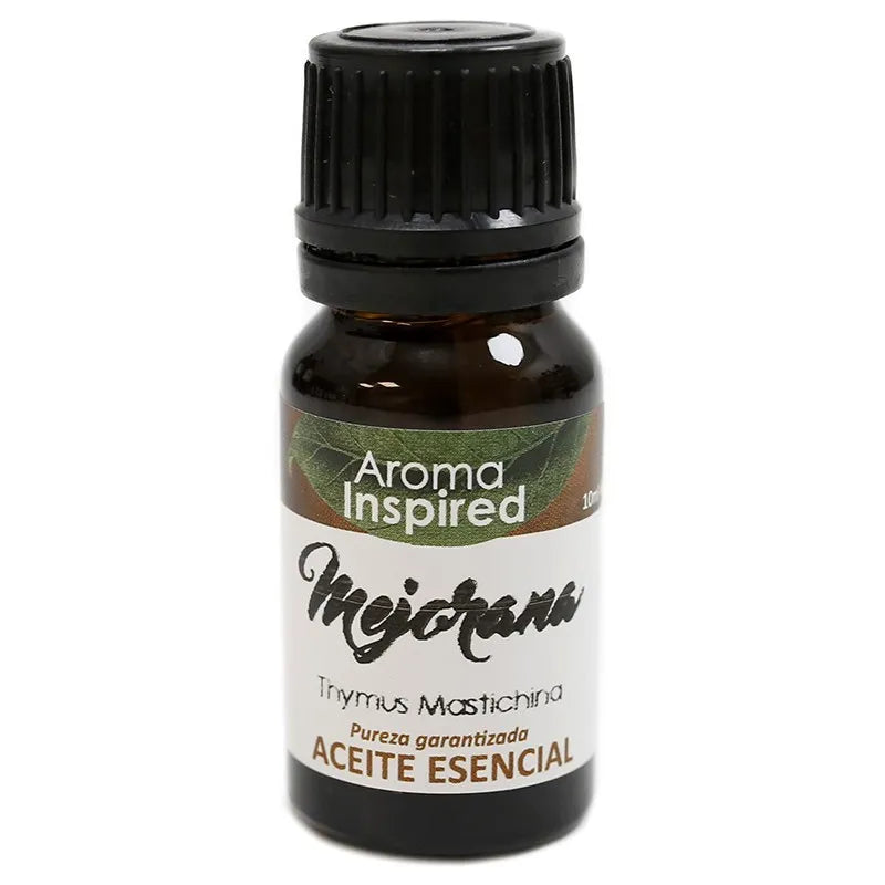 Botella de 10 ml de aceite esencial de mejorana 100% puro con etiqueta "Aroma Inspired", ideal para aliviar el estrés, mejorar el sueño y calmar dolores musculares.