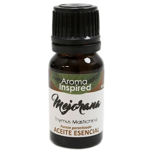 Botella de 10 ml de aceite esencial de mejorana 100% puro con etiqueta "Aroma Inspired", ideal para aliviar el estrés, mejorar el sueño y calmar dolores musculares.