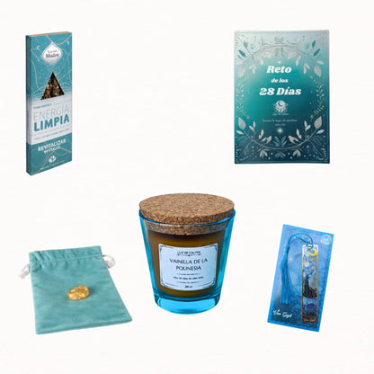 Contenido del pack ritual gratitud con vela artesanal, diario de gratitud , incienso, citrino y marcapáginas