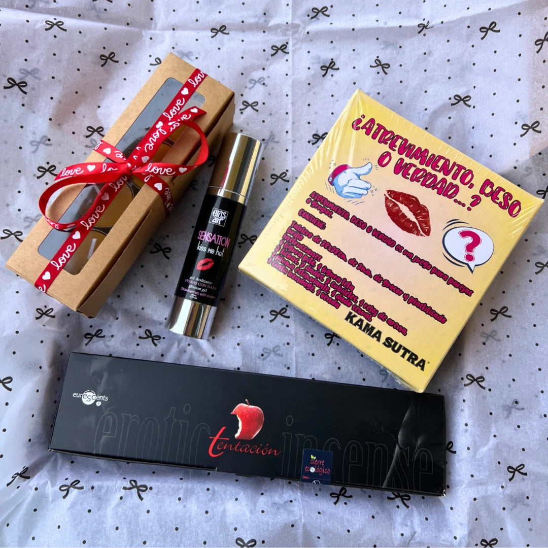 Pack Deseo Consciente con lubricante comestible, juego para parejas, velas de té de cera natural e incienso