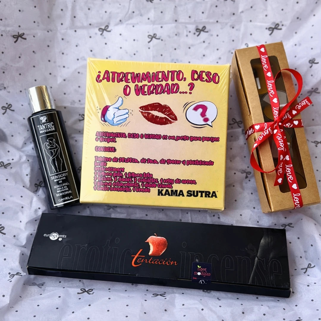 Pack Deseo Consciente con aceite de masaje tántrico, juego Atrevimiento Beso o Verdad, velas e incienso afrodisíaco