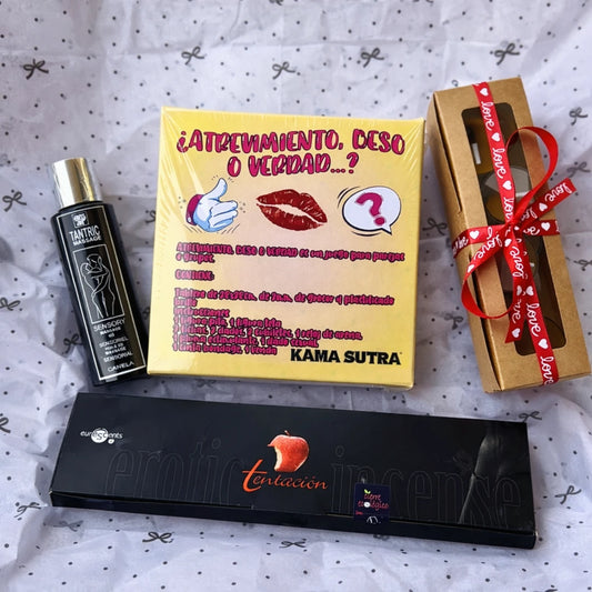 Pack Deseo Consciente con aceite de masaje tántrico, juego Atrevimiento Beso o Verdad, velas e incienso afrodisíaco