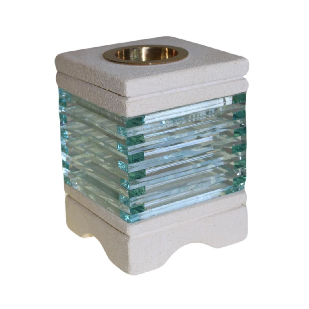 Quemador de aceites esenciales de piedra natural y vidrio decorativo con soporte para vela