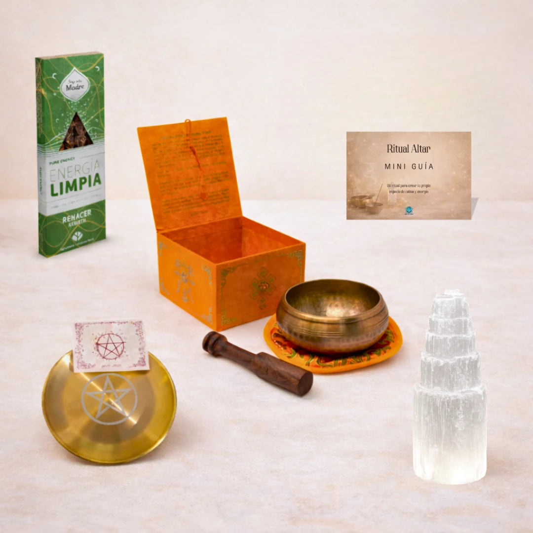 Set ritual espiritual con cuenco tibetano artesanal, selenita de 15 cm, incienso energético, plato ritual, caja decorativa y guía incluida