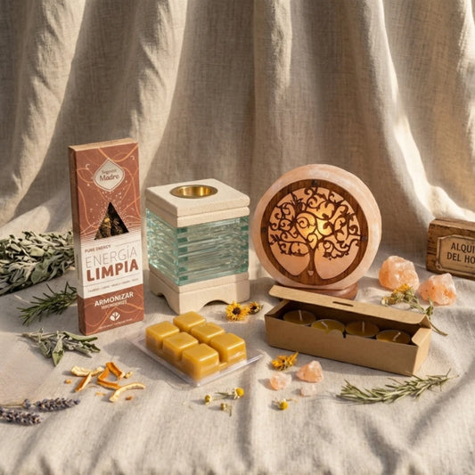 Pack ritual armonía del hogar con incienso natural, quemador de aceites, lámpara de sal y velas de cera de abeja para bienestar y relajación