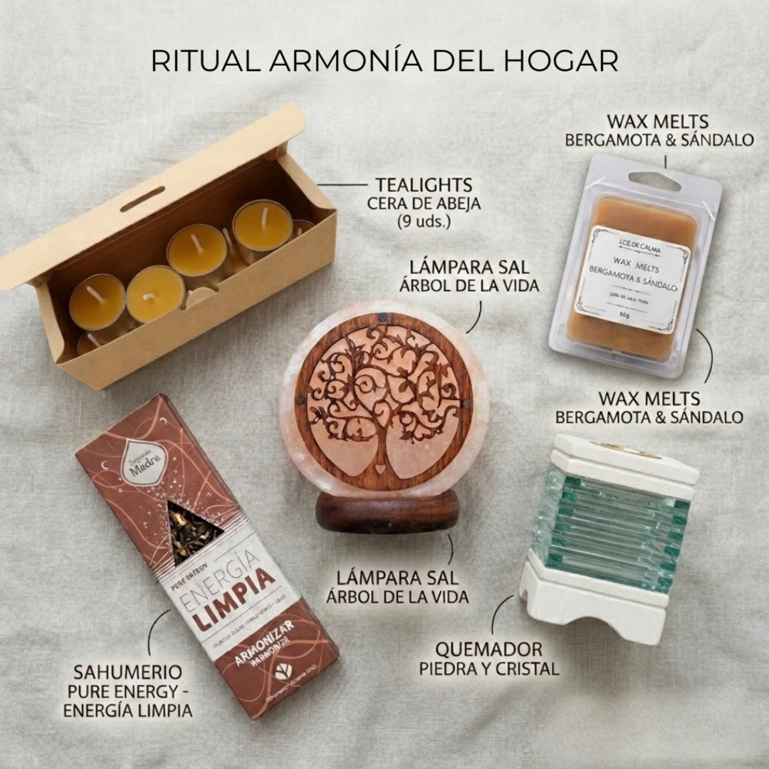 Contenido del ritual armonía del hogar con wax melts, incienso natural, lámpara de sal y quemador de aceites explicado paso a paso