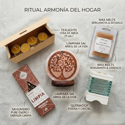 Contenido del ritual armonía del hogar con wax melts, incienso natural, lámpara de sal y quemador de aceites explicado paso a paso