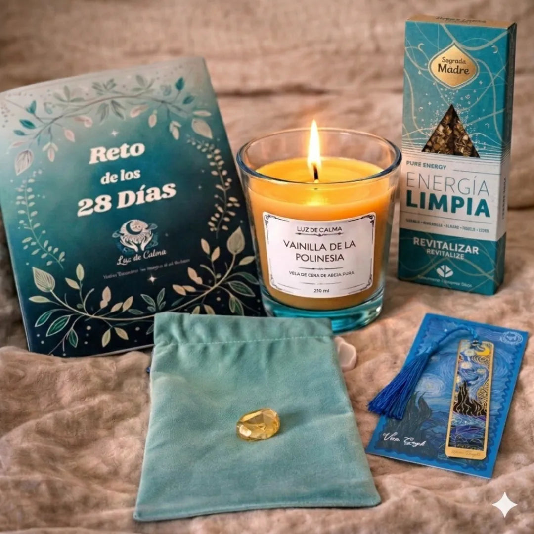 Pack ritual gratitud con vela aromática de cera de abeja, diario de gratitud y abundancia, incienso sagrada madre citrino natural y marcapáginas