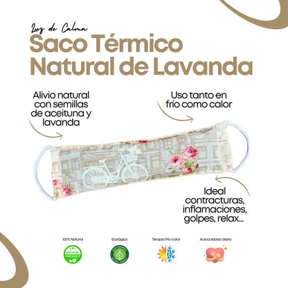 Saco térmico de semillas con estampado Rosas Vintage, relleno de huesos de aceituna y lavanda, ideal para terapia de calor y frío, alivio muscular y bienestar natural.