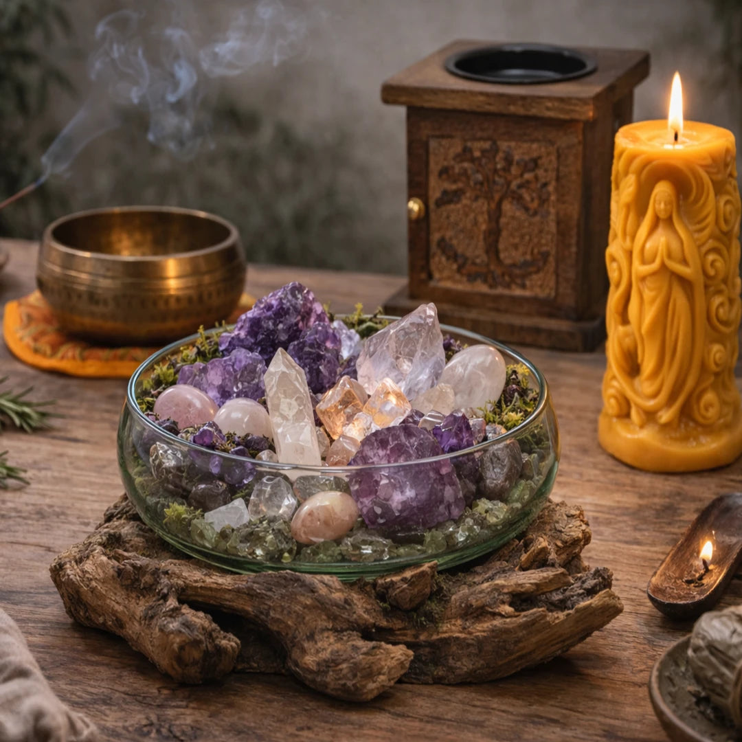 Cuenco de vidrio verde sobre madera natural con minerales en una escena de ritual y meditación