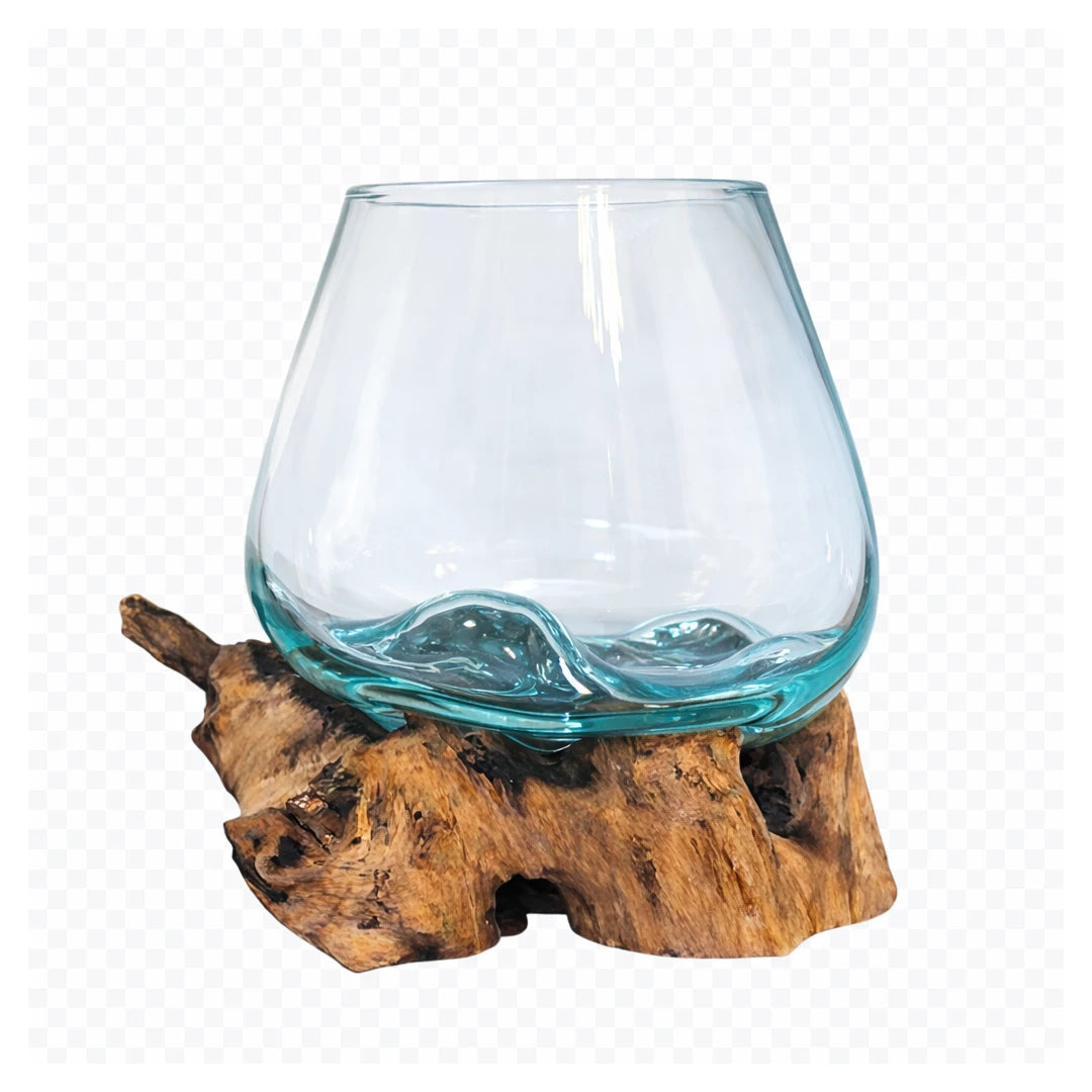 Cuenco decorativo de vidrio fundido sobre madera natural pieza artesanal única