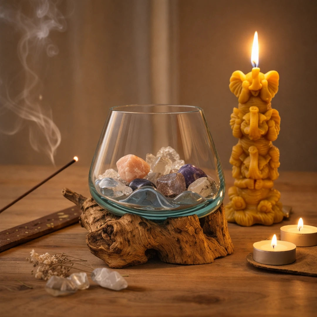 Cuenco de vidrio fundido sobre madera con minerales en escena ritual junto a vela de cera de abeja