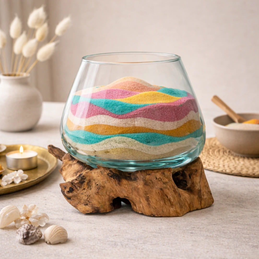 Cuenco de vidrio fundido sobre madera natural con arena de colores decoración natural