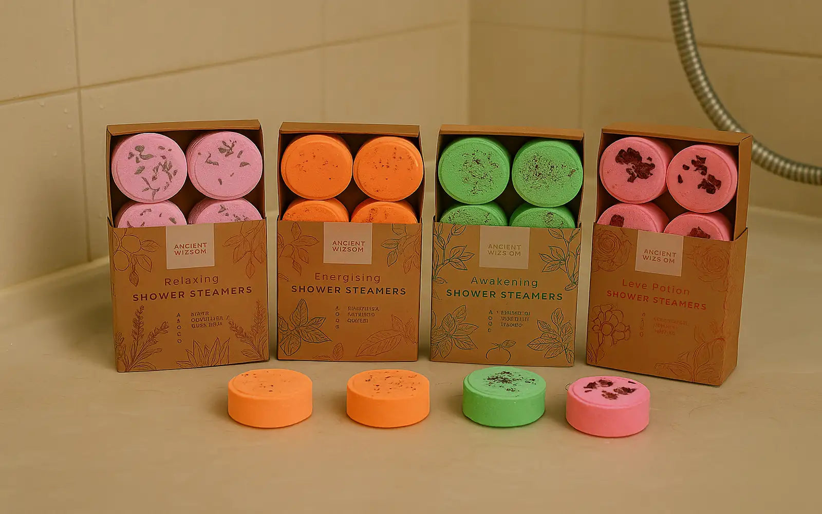 Vaporizadores de ducha Ancient Wisdom en cuatro variedades: Relaxing, Energising, Awakening y Love Potion, colocados sobre el suelo de una ducha, con una pastilla de cada aroma al frente.