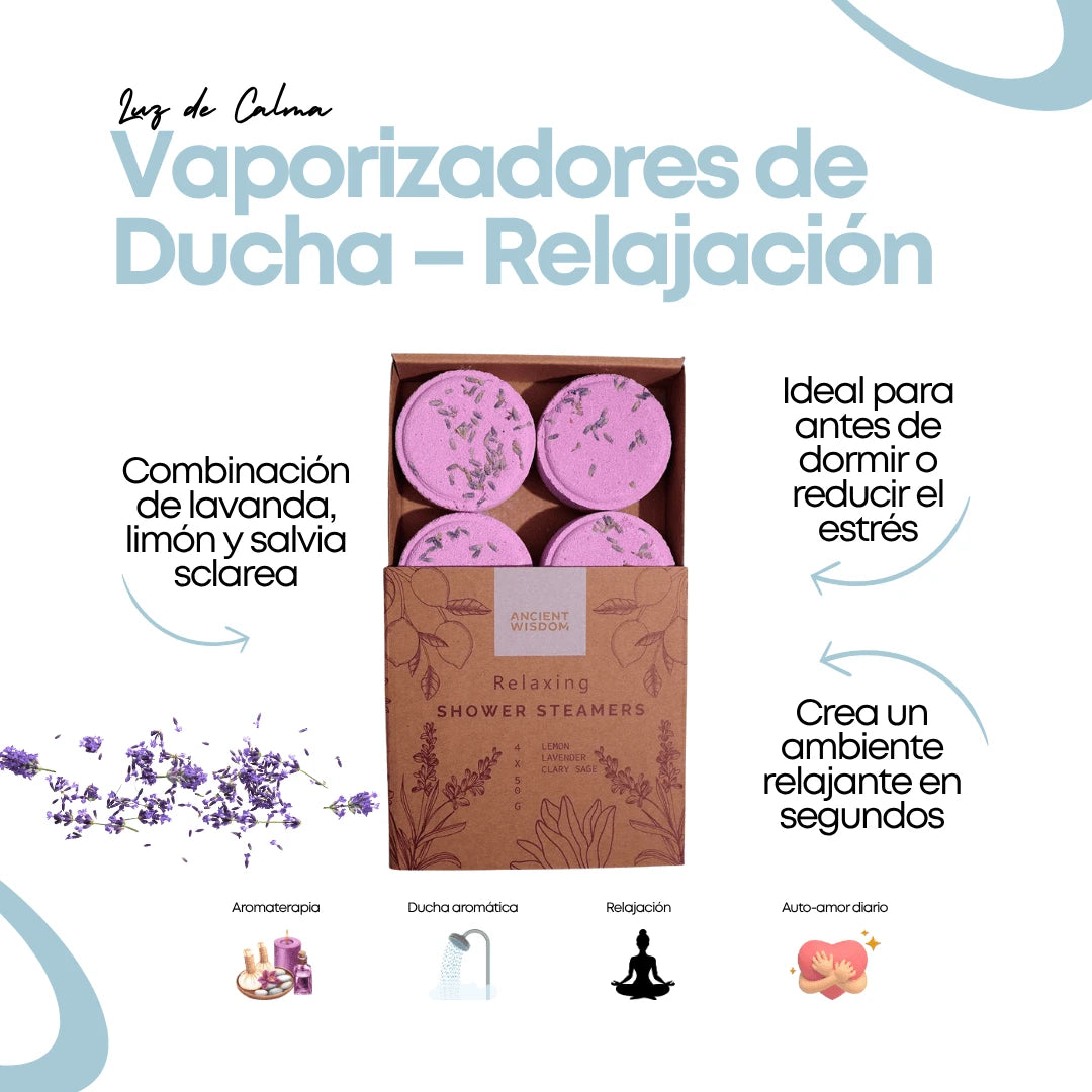 Caja de vaporizadores de ducha ZEN Relajación con aceites esenciales de lavanda, limón y salvia, ideales para reducir el estrés y favorecer el descanso.