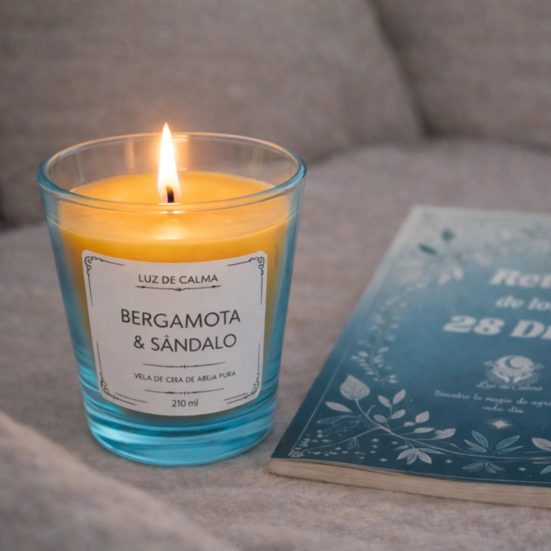Vela aromática bergamota y sándalo encendida junto a un libro, perfecta para crear un ambiente íntimo, relajante y sensorial en momentos de descanso