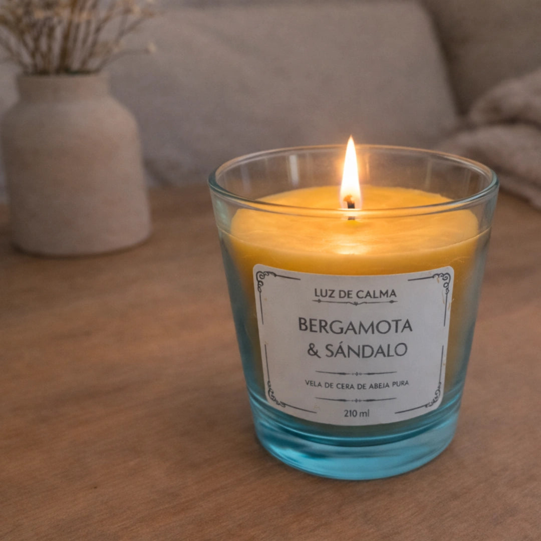 Vela perfumada de bergamota y sándalo encendida sobre mesa de madera, creando un ambiente acogedor, relajante y cálido para el hogar