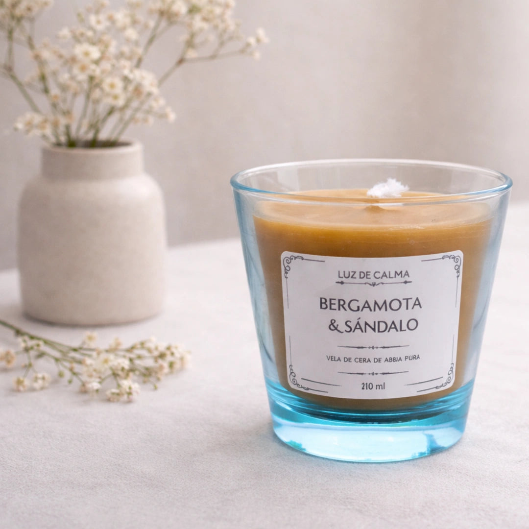 Vela aromática de cera de abeja bergamota y sándalo en ambiente minimalista con flores, transmitiendo calma, frescura y elegancia natural en el hogar