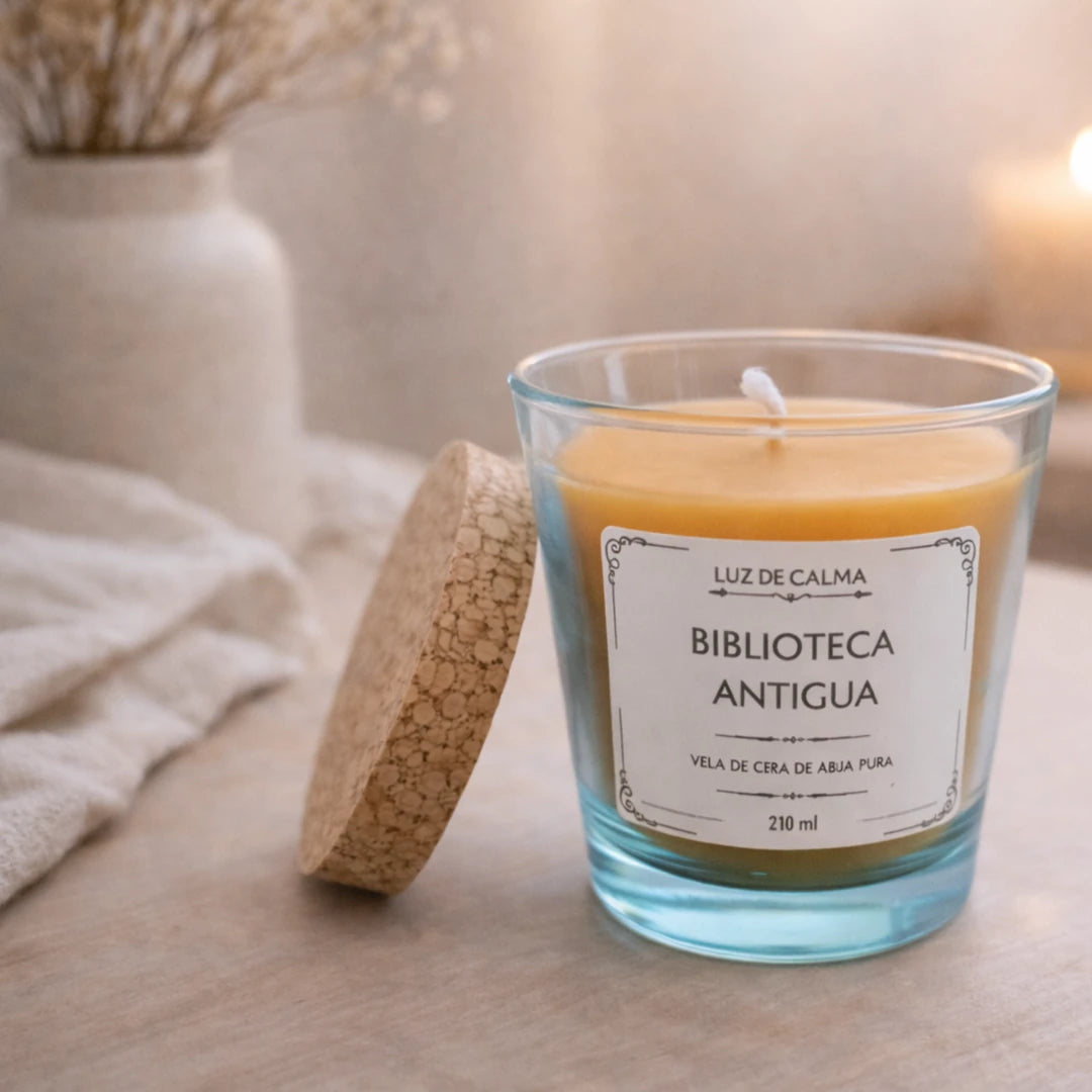 Vela artesanal de cera de abeja Biblioteca Antigua con tapa de corcho en un entorno elegante, ideal para aportar calma y un ambiente sofisticado en el hogar