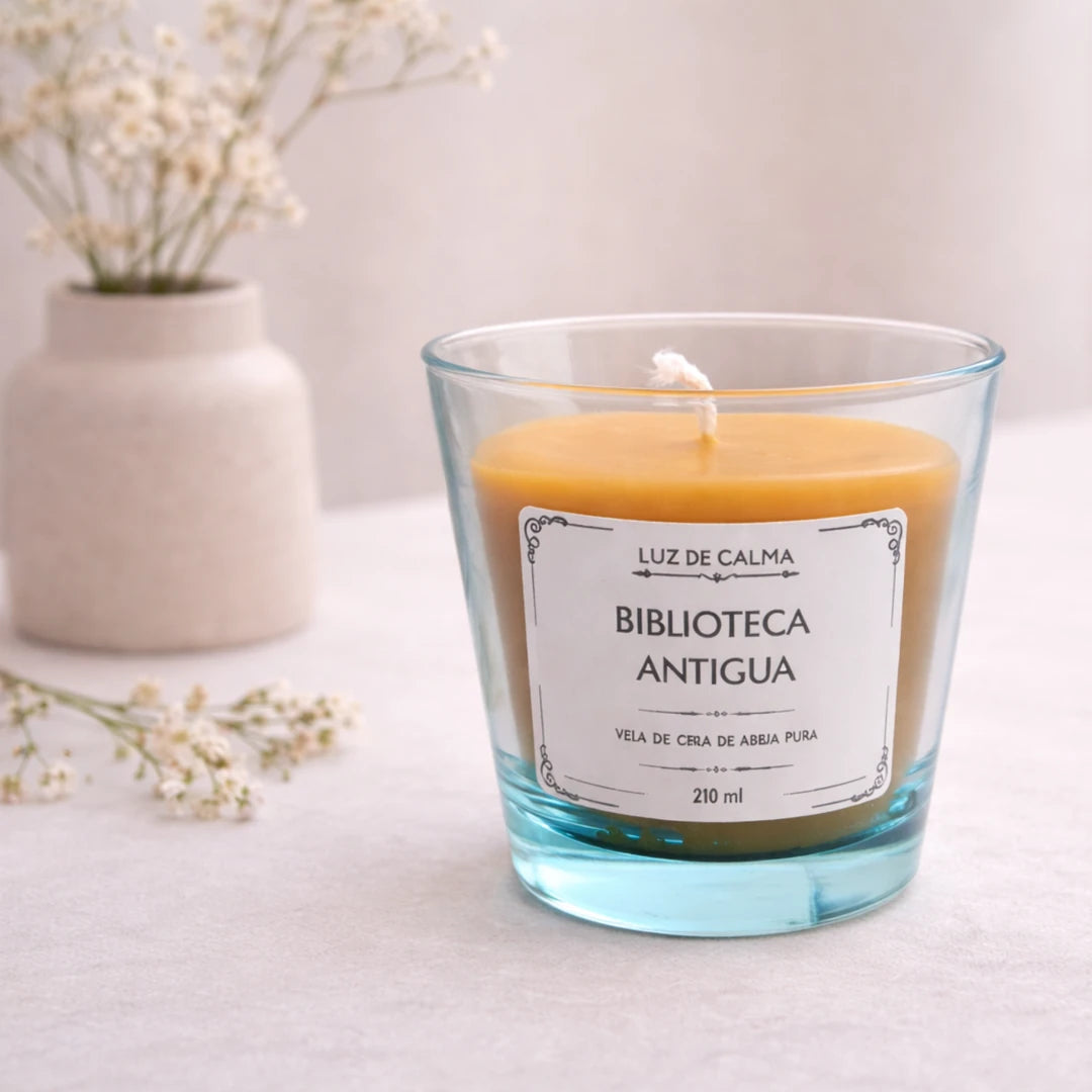 Vela aromática de cera de abeja Biblioteca Antigua en ambiente minimalista con flores, evocando calma, elegancia y un aroma cálido inspirado en libros antiguos