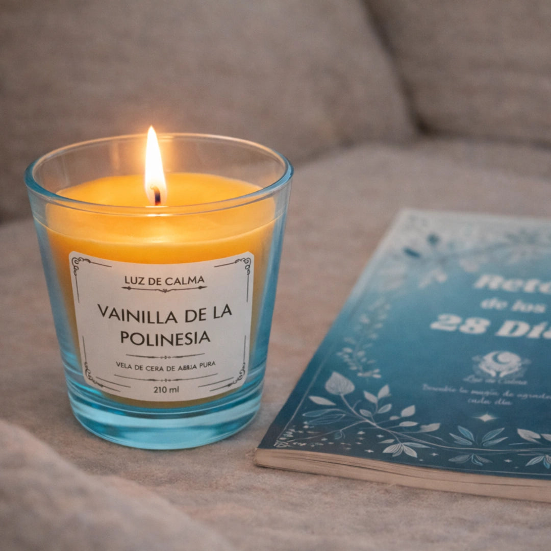 Vela aromática Vainilla de la Polinesia encendida junto a un libro, perfecta para crear un ambiente íntimo, relajante y acogedor en momentos de descanso