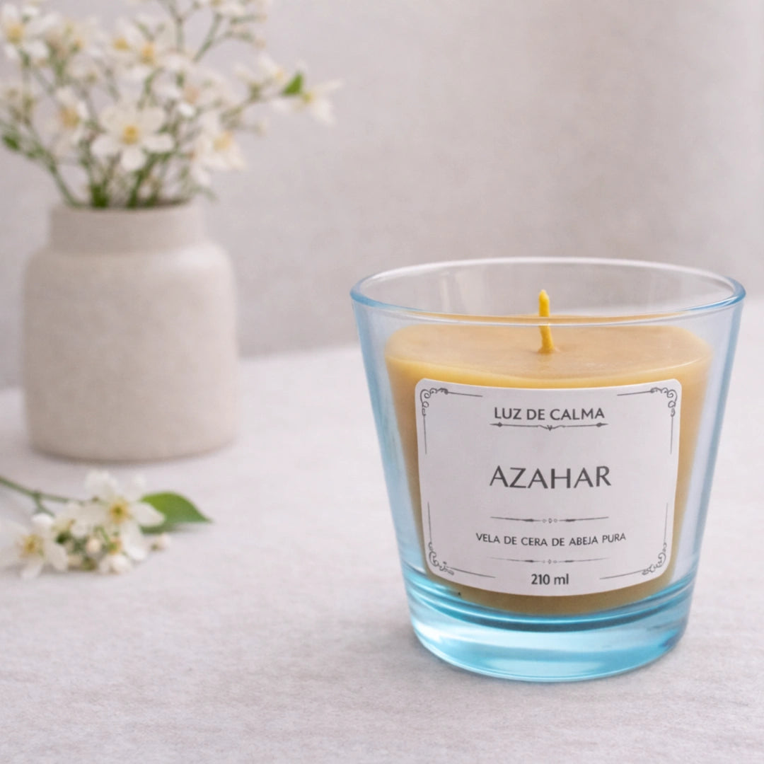 Vela artesanal de cera de abeja aroma azahar en un entorno minimalista con flores, transmitiendo frescura, calma y elegancia natural
