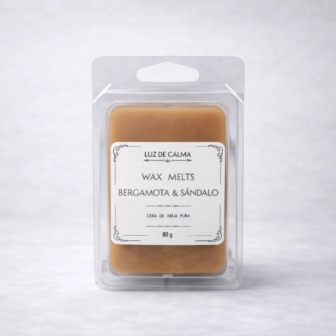 Wax melts artesanales de cera de abeja aroma Bergamota y Sándalo en envase blister con etiqueta minimalista