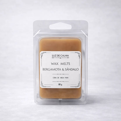 Wax melts artesanales de cera de abeja aroma Bergamota y Sándalo en envase blister con etiqueta minimalista