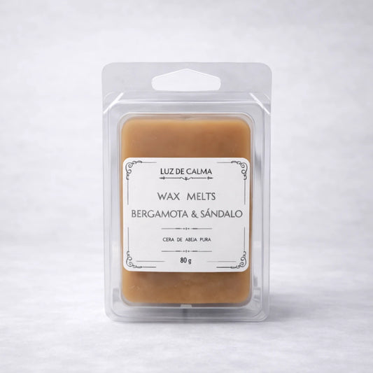 Wax melts artesanales de cera de abeja aroma Bergamota y Sándalo en envase blister con etiqueta minimalista