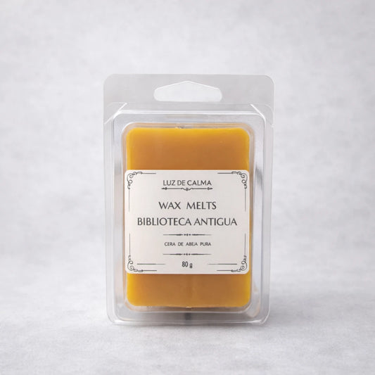 Wax melts artesanales de cera de abeja aroma Biblioteca Antigua en envase blister transparente con etiqueta minimalista
