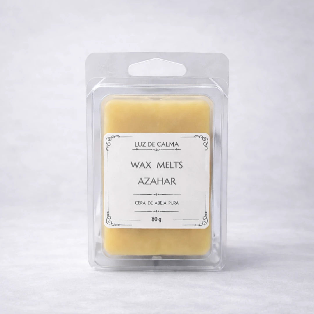 Wax melts artesanales de cera de abeja aroma Azahar en blister transparente con diseño limpio y artesanal