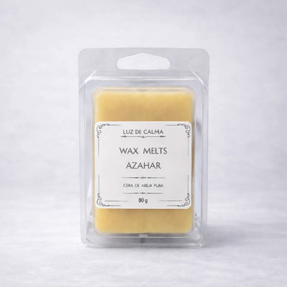 Wax melts artesanales de cera de abeja aroma Azahar en blister transparente con diseño limpio y artesanal