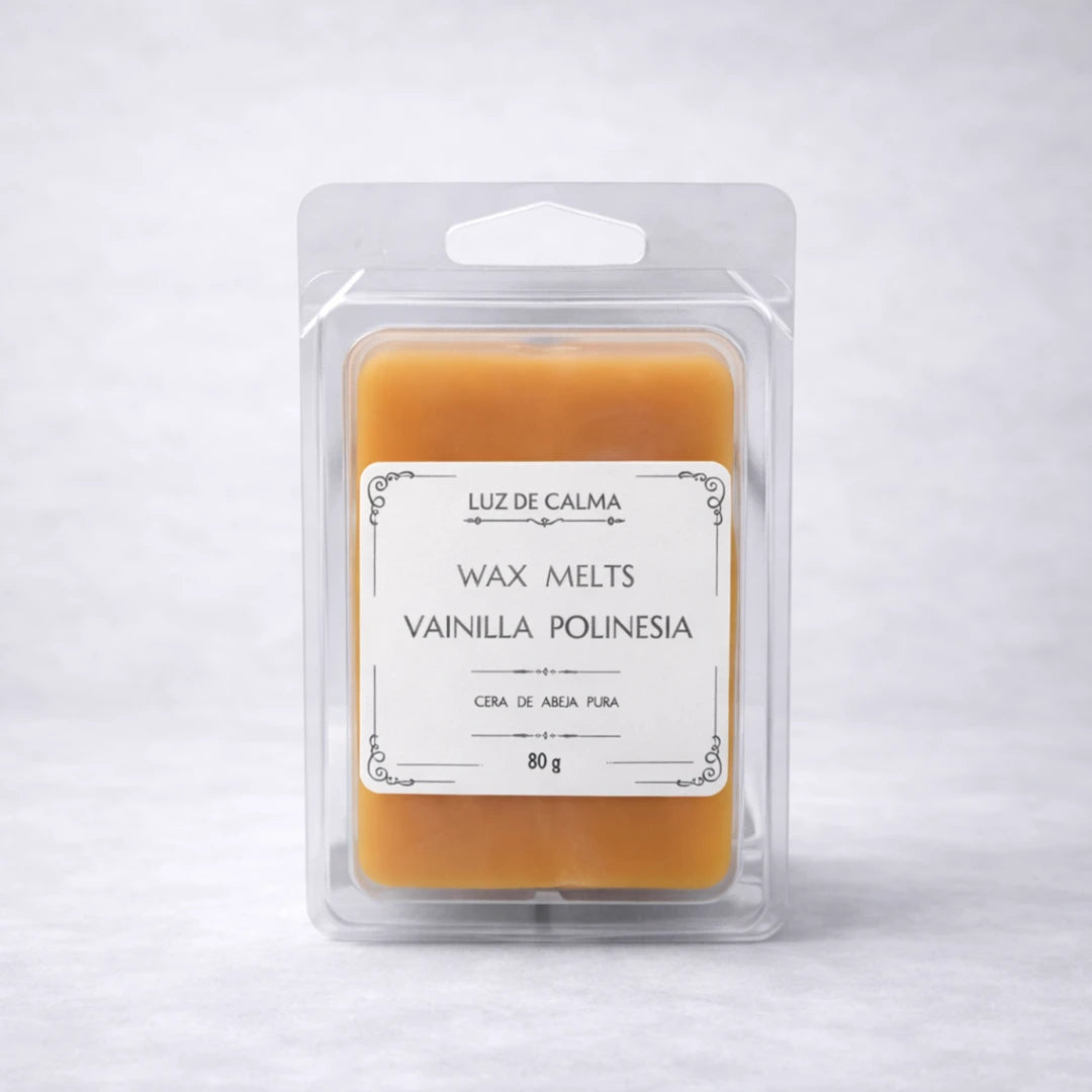 Wax melts artesanales de cera de abeja aroma Vainilla de la Polinesia en envase blister transparente elegante