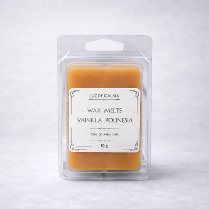 Wax melts artesanales de cera de abeja aroma Vainilla de la Polinesia en envase blister transparente elegante