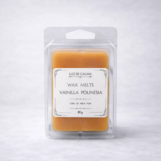 Wax melts artesanales de cera de abeja aroma Vainilla de la Polinesia en envase blister transparente elegante