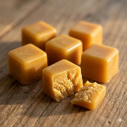 Cubos de wax melts de cera de abeja sobre superficie de madera mostrando textura natural y acabado artesanal