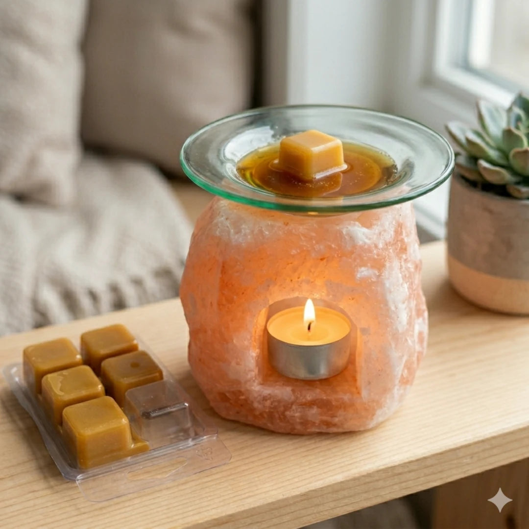 Wax melts de cera de abeja derritiéndose en quemador de sal del Himalaya con vela encendida en ambiente de hogar luminoso