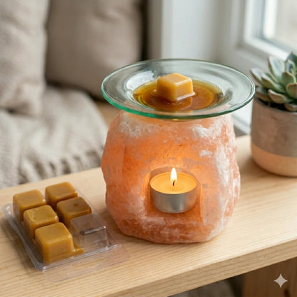 Wax melts de cera de abeja derritiéndose en quemador de sal del Himalaya con vela encendida en ambiente de hogar luminoso